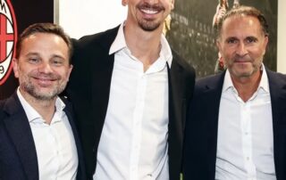 Cardinale, Ibrahimovic e Furlani in disaccordo sulla scelta del nuovo direttore sportivo del Milan, con simboli di confusione e incertezza societaria